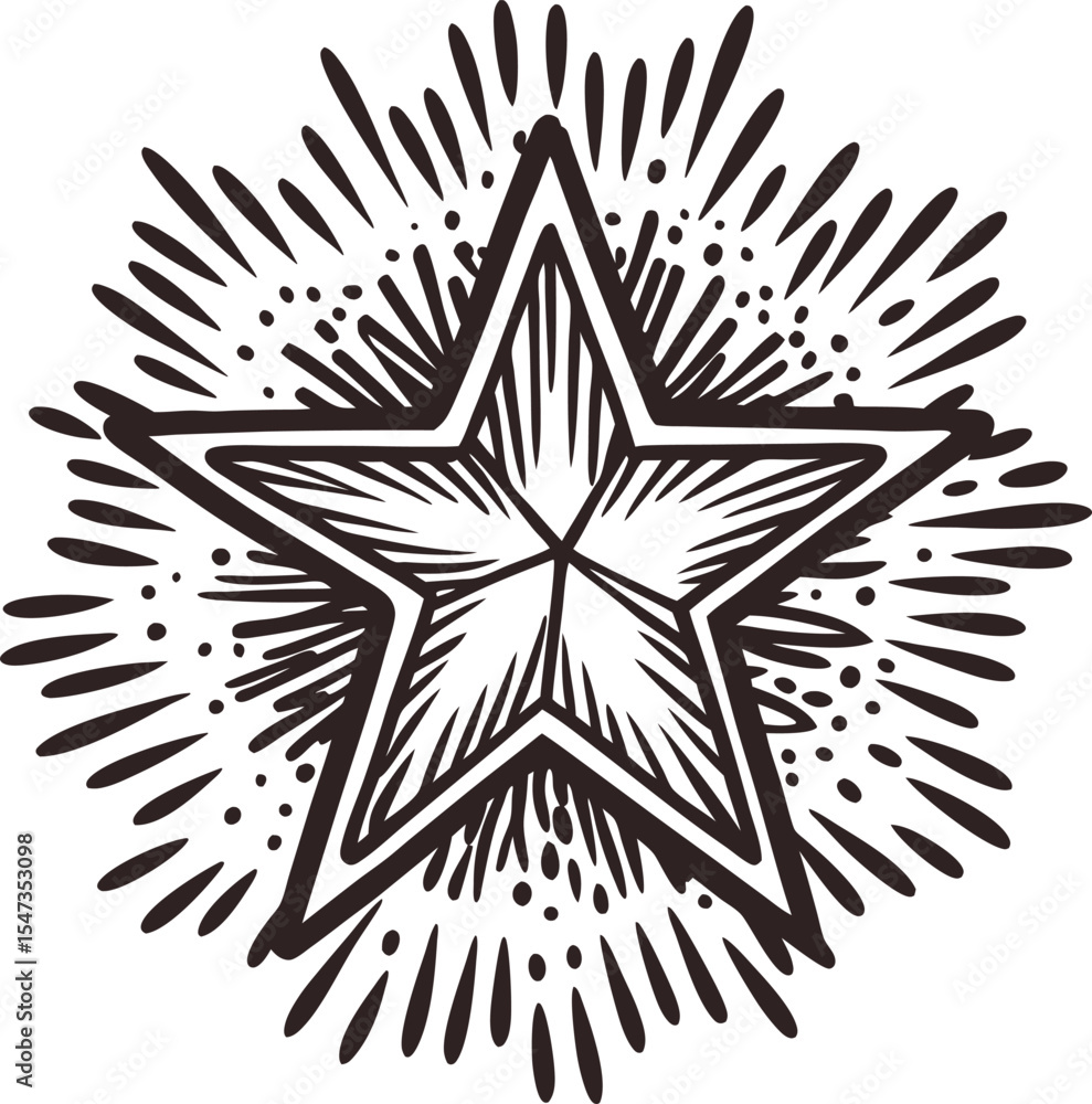 Obraz premium Decorative hand drawn five pointed star with radiant burst and detailed sketchy lines