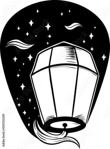 Traditional floating paper lantern in night sky with stars and wind monochrome hand drawn  illustration