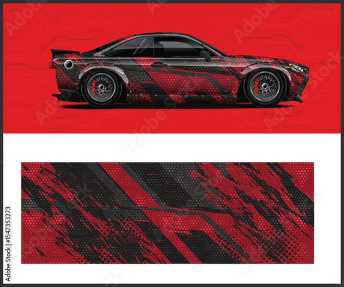 Red and Black Sport Car Wrap Design with Circuit Board Background
