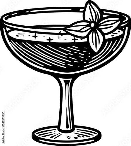 Hand drawn cocktail glass with flower garnish vintage engraved illustration of drink in coupe glassware