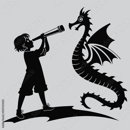 Child Gazing Through Dragon-Shaped Telescope silhouette vector design art and illustration