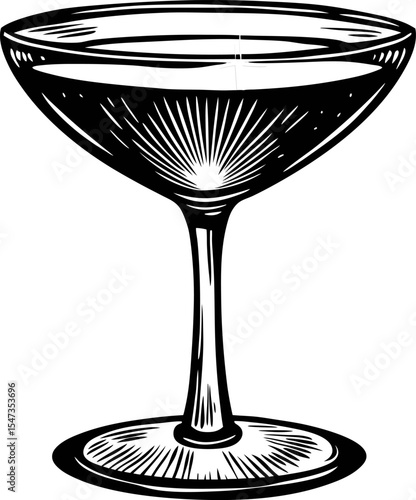 Vintage engraved drawing of an empty cocktail coupe glass with stem and wide shallow bowl isolated on white background
