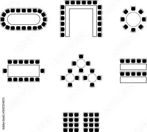 seat plan, chairs and tables symbol, scheme architectural plan for office, classroom, restaurant, conference room, theatre, customizable stroke, vector