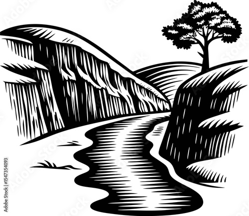 Engraved black and white landscape with tree, river, and cliff in vintage etching illustration