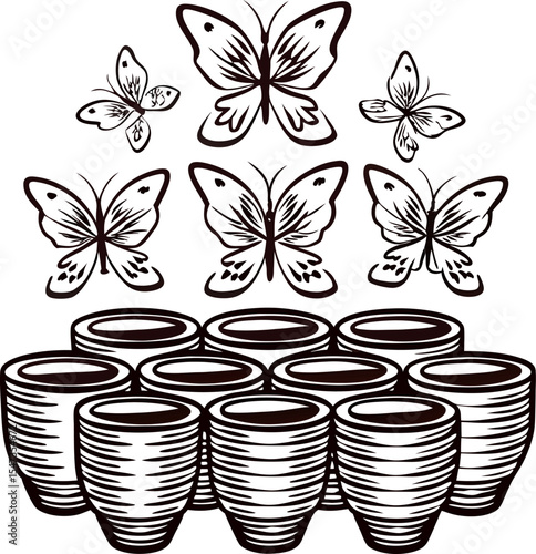 Hand drawn butterflies flying above stacked ceramic clay pots in vintage engraved illustration