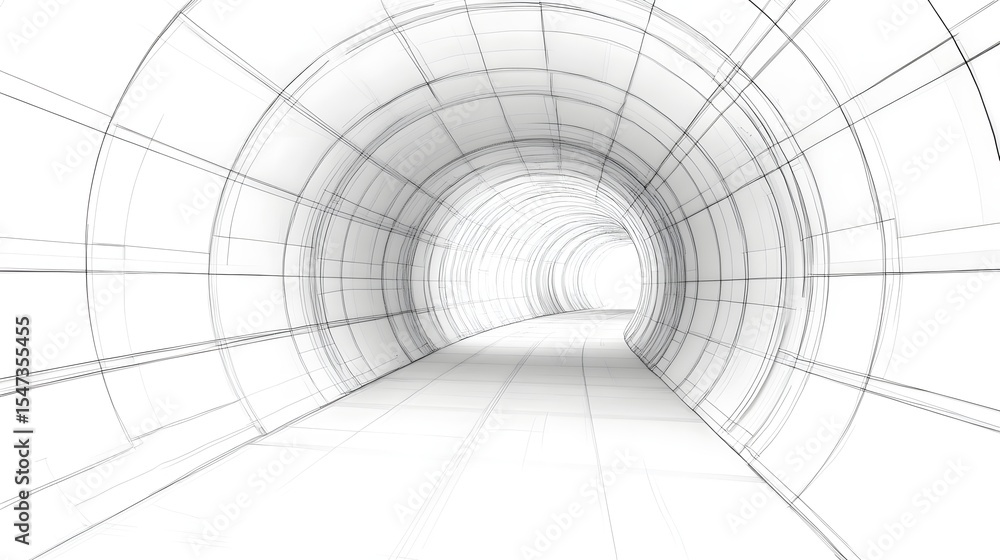 Obraz premium 3D render of a minimalist white tunnel with repeating grid lines creating a sense of depth and infinite space.