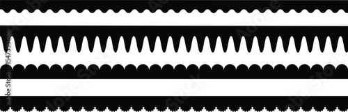 Scalloped edge seamless set. borders and dividers. Simple scalloped border. Repeat cute vintage frill ornament. Texture ribbons. Fabric laces silhouette. Repeat cute vintage frill ornament.