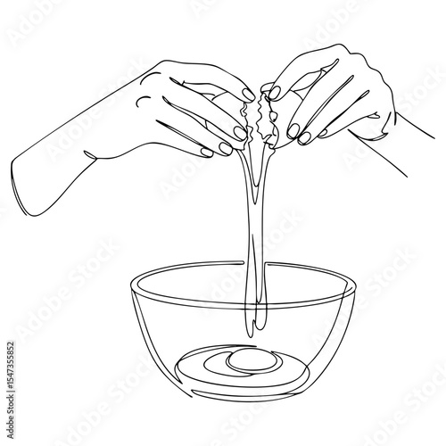 Vector line art of hands cracking an egg into a bowl, showing preparation in baking or cooking