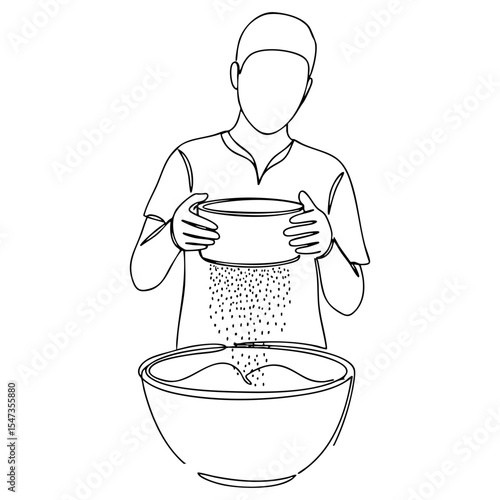 Vector line art of a man sifting flour into a large bowl, minimal black line illustration ideal for baking and cooking themed designs