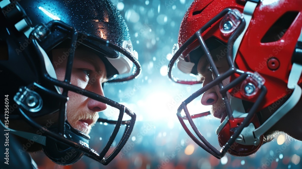 Fototapeta premium Two fierce football players face each other, both equipped with helmets, embodying strength and determination in a rainy and intense sporting match atmosphere.
