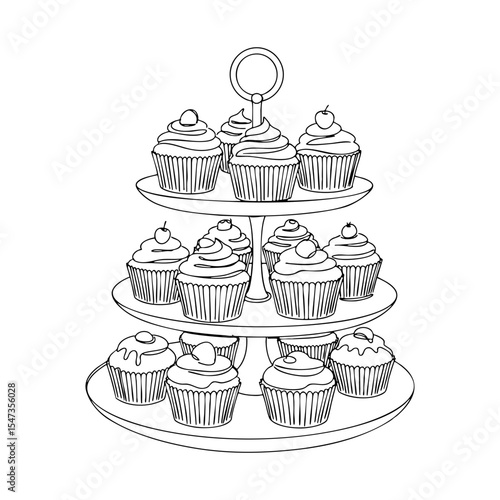 Vector line art illustration of a three-tier cupcake stand with various decorated cupcakes, ideal for coloring pages or baking-themed designs.