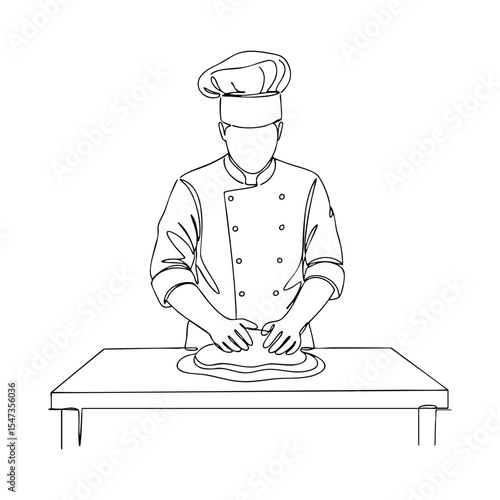 Vector line art of a chef kneading dough on a table, showcasing the bread-making process in a clean outline style for culinary designs.