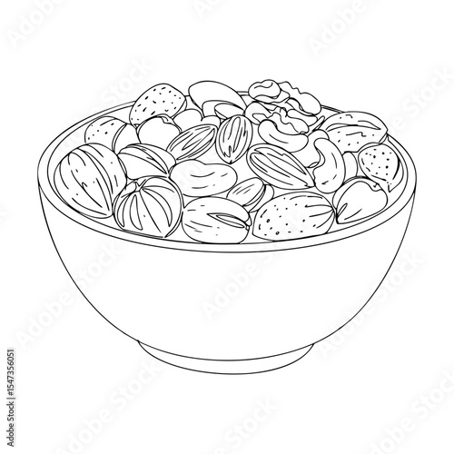 Vector line art of a bowl filled with mixed nuts, healthy snack illustration in black outline style