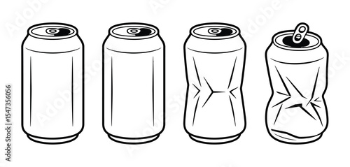 Four Aluminum Cans Illustration Full, Empty, and Crushed