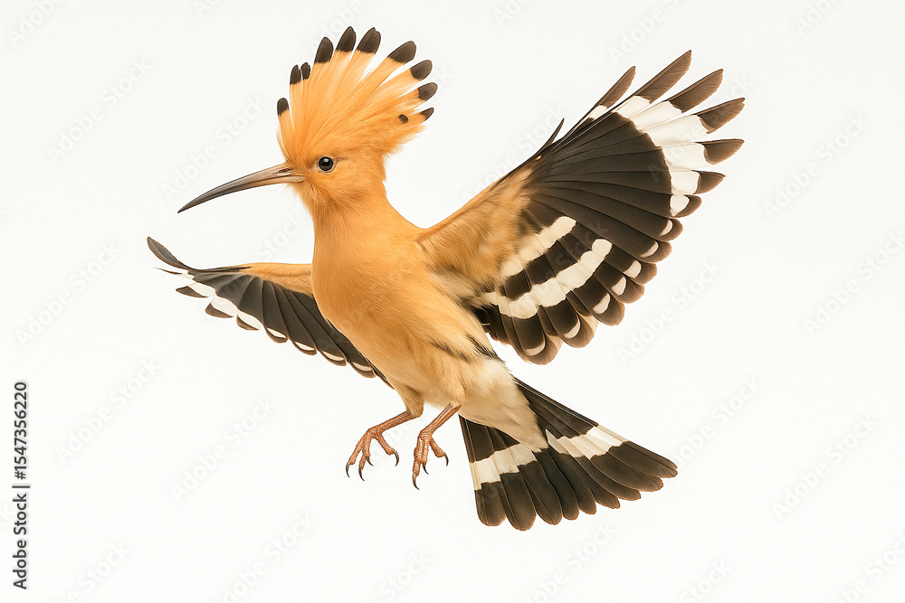 Obraz premium Flying Eurasian Hoopoe with Wide Wings and Raised Crest on Isolated White Background