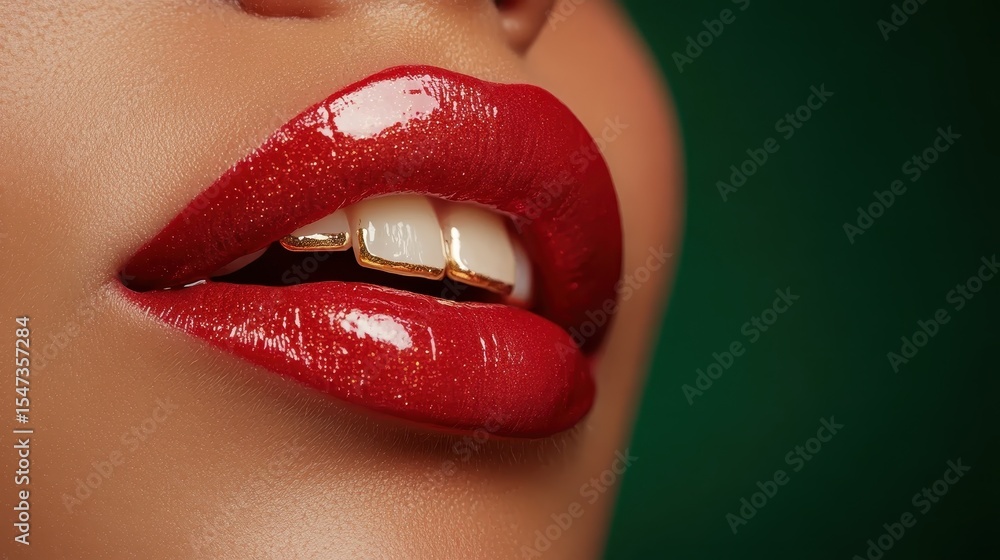 Obraz premium A close-up of vibrant red lips adorned with stunning gold accents, creating a captivating and glamorous allure perfect for beauty and fashion representations.