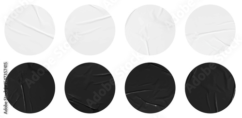 Set of vector black and white stickers mockup. Blank labels of different shapes, circle wrinkled paper emblems. Copy space. Stickers or patches for preview tags, labels