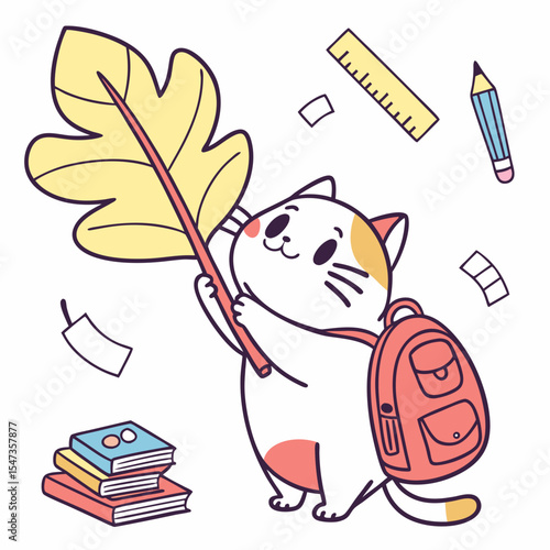 Chalkboard Fun colored Cat with a Bashful touch, placed in a Back to school theme and styled with with a giant leaf