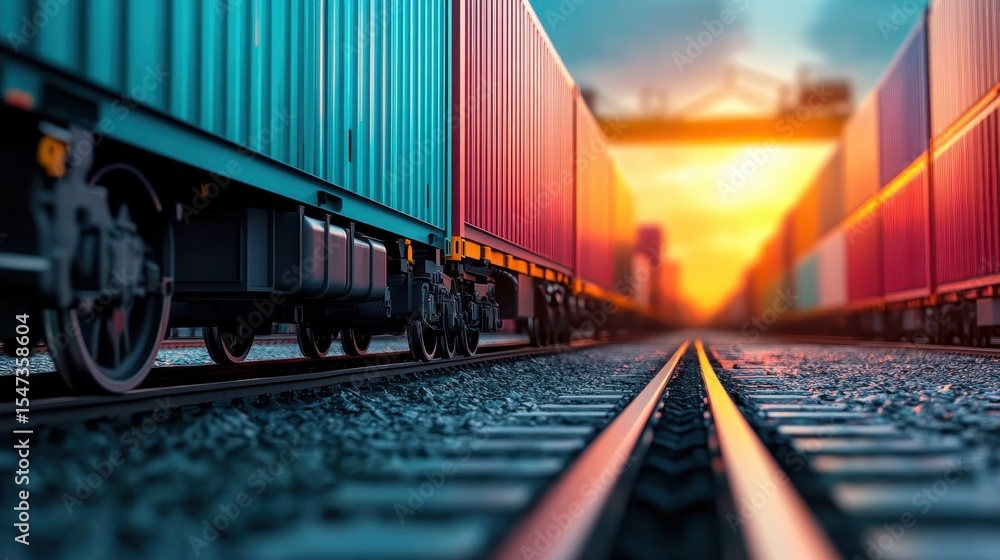 Fototapeta premium A captivating view of colorful cargo containers lined up on railway tracks against a beautiful sunset, capturing the essence of transportation and global trade.