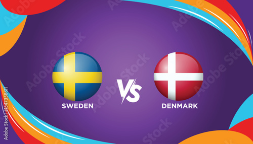 Sweden vs Denmark broadcast template for sports UEFA Women's Euro 2025. Football or soccer tournament vector illustration graphics. 3D stock illustration.