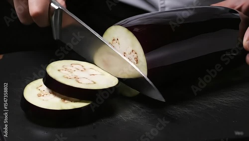 Close-Up: Chef Slicing Fresh Eggplant on Dark Cutting Board (4K UHD)