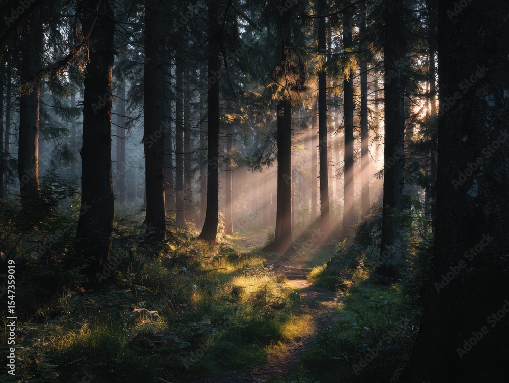 Fototapeta premium A Mystical Sunrise In The Forest With Ethereal Light