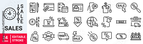 Sale web line icons. Shopping cart, delivery gift and tags, discount, sale and wallet. Purchase online. Vector