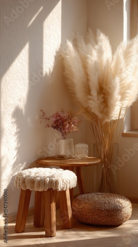 Cozy Interior with Pampas Grass and Wooden Accents
