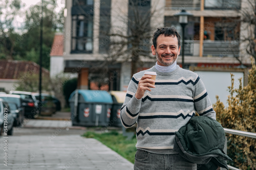 A mature man walks through the city and drinks coffee from a paper cup A mature man walks through the city and drinks coffee from a paper cup