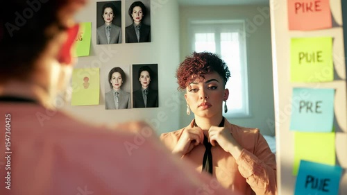 A young person studies pronoun notes on the mirror as their trans journey unfolds. Sticky colours celebrate a brave trans journey while quiet determination powers the trans journey ahead.