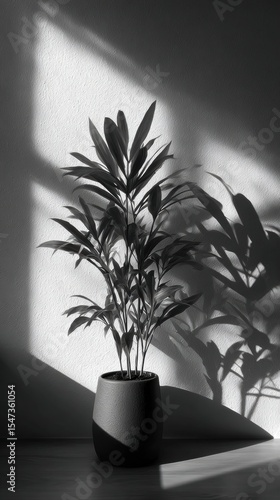 Plant in pot in sun casting shadow on wall