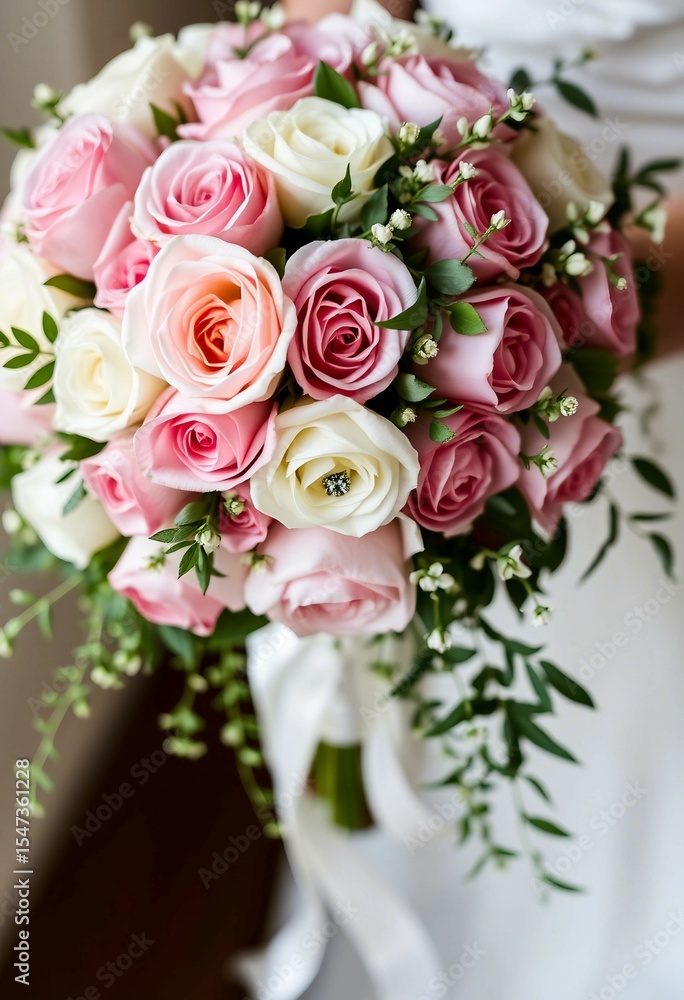 Obraz premium A beautiful arrangement of pink and white roses accented with lush green leaves, ideal for wedding themes or floral designs, symbolizing romantic feelings and joy in celebrations.