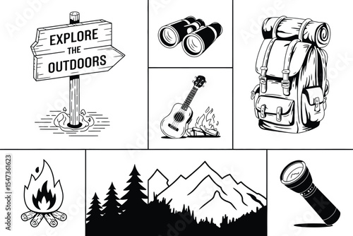 Hand-Drawn Outdoor Vectors: Camping Tents, Trees, Fire, and Nature Icons for Travel Designs