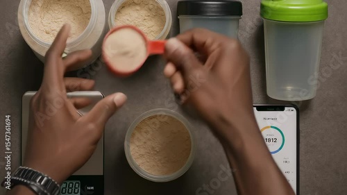 Protein shake powder scooped into shaker beside tracking phone, protein shake mixes smooth for swift fuel, protein shake supports post-workout muscles. concept sports nutrition