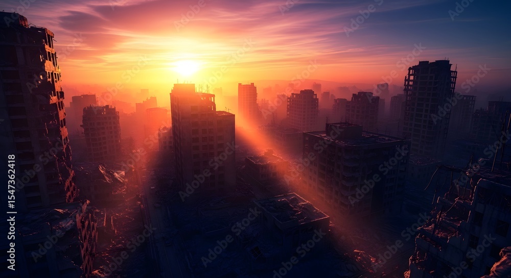 Fototapeta premium Post-Apocalyptic Cityscape at Sunset