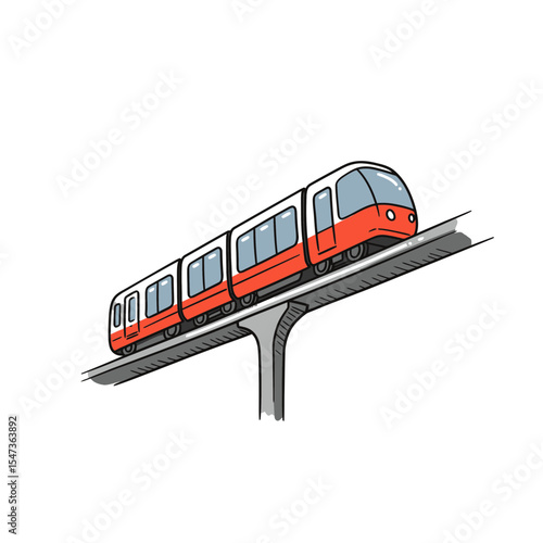 Elevated Train Illustration: Modern Urban Transport Cartoon with Red and White Design on Elevated Track System for City Commute