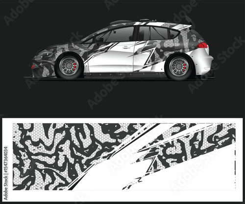 Sporty Hatchback Car Wrap Design with Camouflage and Geometric Elements