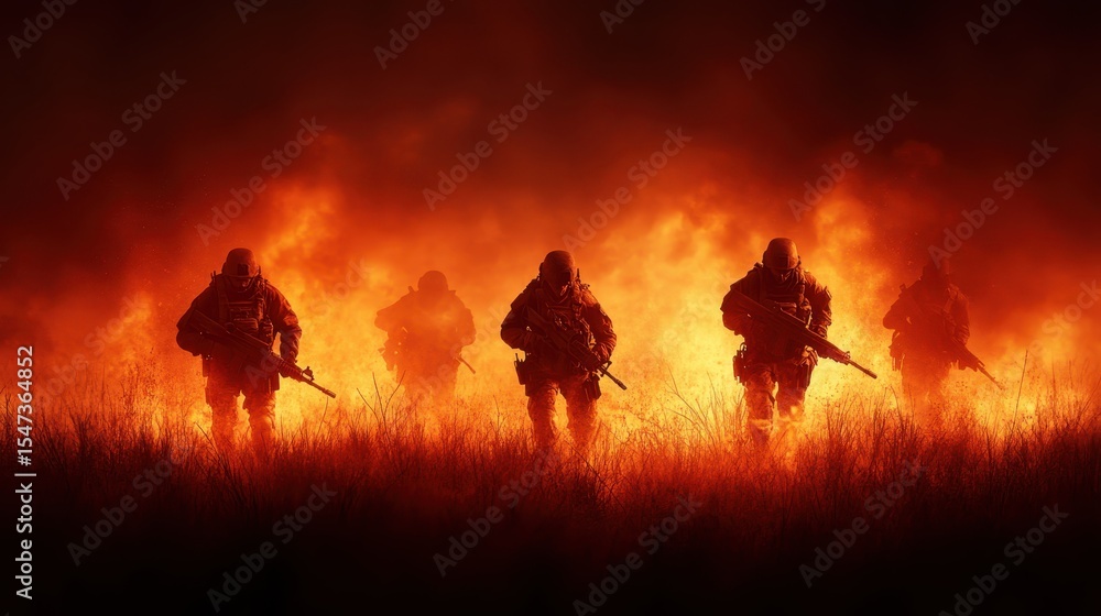 Fototapeta premium A group of soldiers advances through a dramatic fiery backdrop, symbolizing courage and unity in the face of chaos, capturing the essence of bravery in military operations.