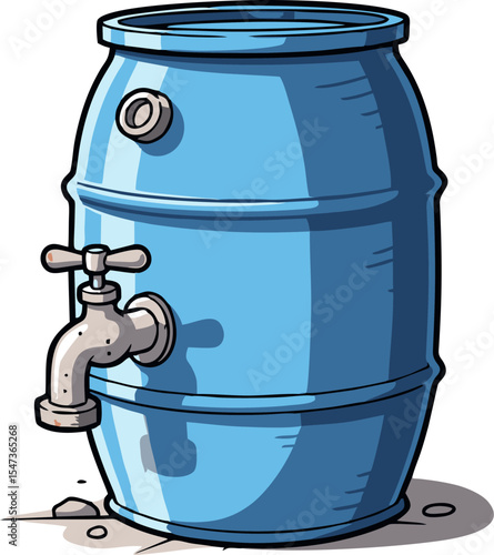 Cartoon Illustration of a Blue Water Barrel with Faucet