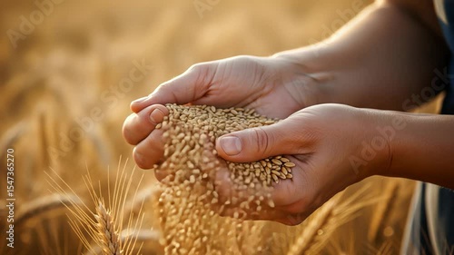 Hands cradle wheat grain amid sunlit fields, wheat grain trickling like golden rain, honouring fertile earth and future bread from shared wheat grain bounty. Concept farm vitality.
