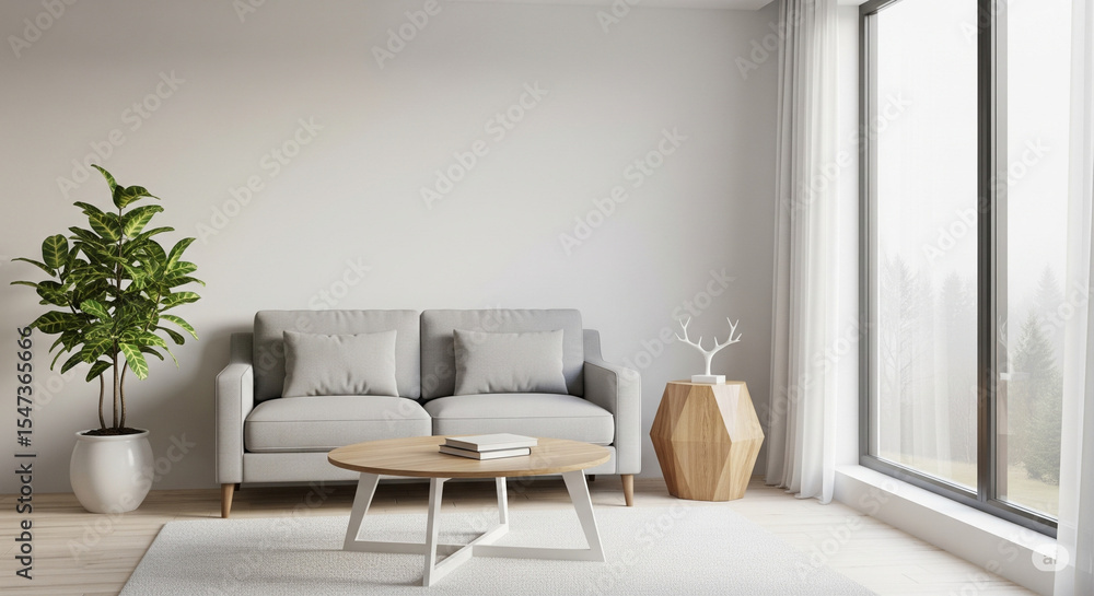A modern minimalistic living room interior with a clean and serene aesthetic. The room features a light beige textured wall with wooden panel. scandinavian apartment. A modern minimalistic living room interior with a clean and serene aesthetic. The room features a light beige textured wall with wooden panel. scandinavian apartment.