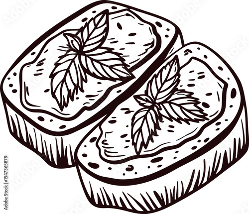 hand drawn rustic bruschetta toasts with basil leaves sketch illustration isolated on white background