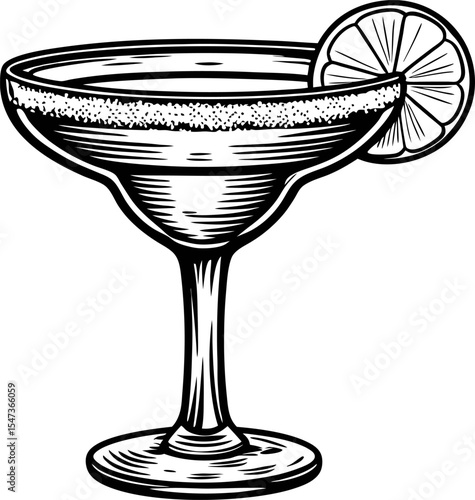 Hand drawn margarita cocktail in classic glass with lemon slice and salted rim, vintage black engraving illustration