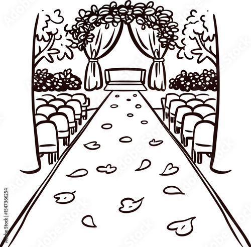 Hand drawn outdoor wedding ceremony aisle with chairs, flower petals, arch and leafy decorations, sketch illustration