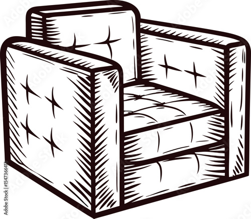 Hand drawn illustration of modern cushioned armchair with tufted upholstery in vintage engraving