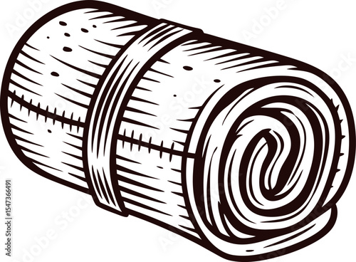 Hand drawn rolled blanket illustration vintage sleeping mat or camping bedding sketch isolated on white background
