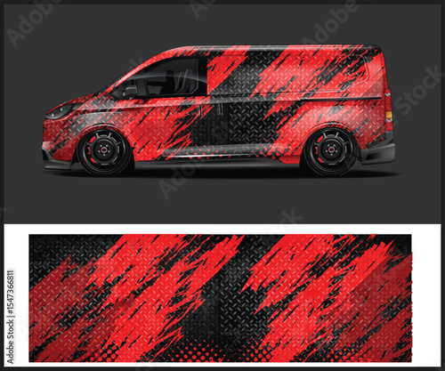 Red and Black Diamond Plate Van Wrap Design for Vehicle Graphics