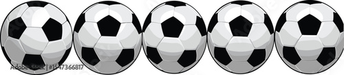 Soccer ball row illustration, black and white design, sports equipment vector, football icons set, classic ball artwork, athletic gear graphic, team game concept illustration