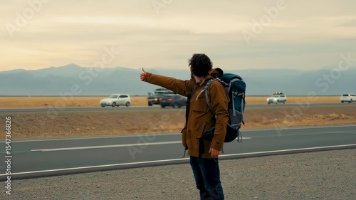 Lone backpacker standing beside desert highway. Extending thumb while waiting for passing vehicle. Surrounded by mountainous landscape under cloudy sky. Embodying travel freedom and adventure spirit