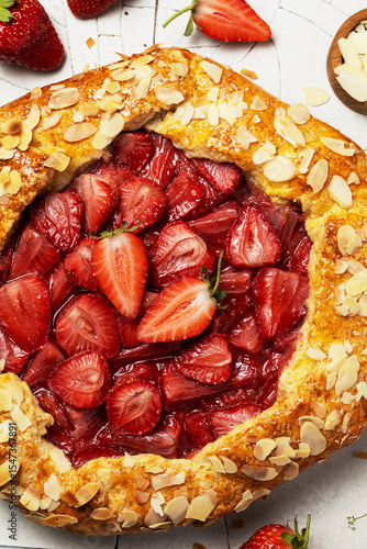 Close-up of shortcrust pastry galette with strawberry filling on cracked white tile background. Round fruit pie with almond petals sprinkle. Fresh berries lie next to the pie. Top view